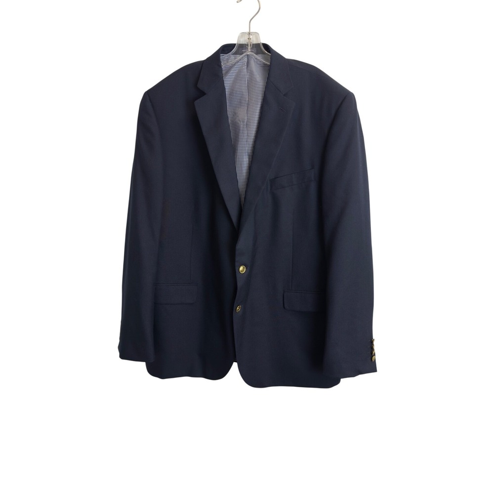 Stafford Mens 50L Navy Blue Wool Blazer Gold Crest Buttons Two Button Sport Coat